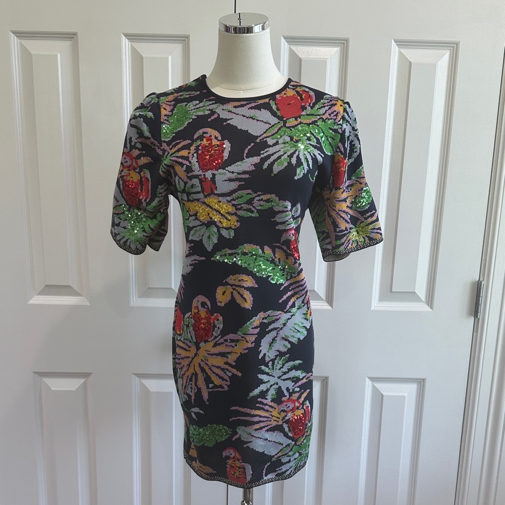 Zara Navy Blue Floral Bodycon Knit Tropical Sequin Fall Mini Dress S